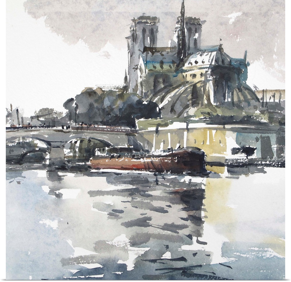 This contemporary artwork uses moody grays and rustling watercolor brush strokes to illustrate the barge on river Seine wi...