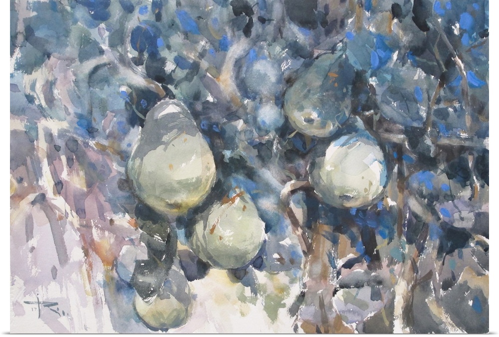 This contemporary artwork features pears hanging in a tree and are shaped from soft greens as well as offset by pops of blue.