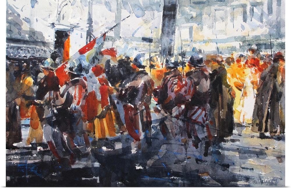 Dynamic brush strokes and pops of color create a scene of a procession in front of a cathedral of Santa Maria del Fiore in...