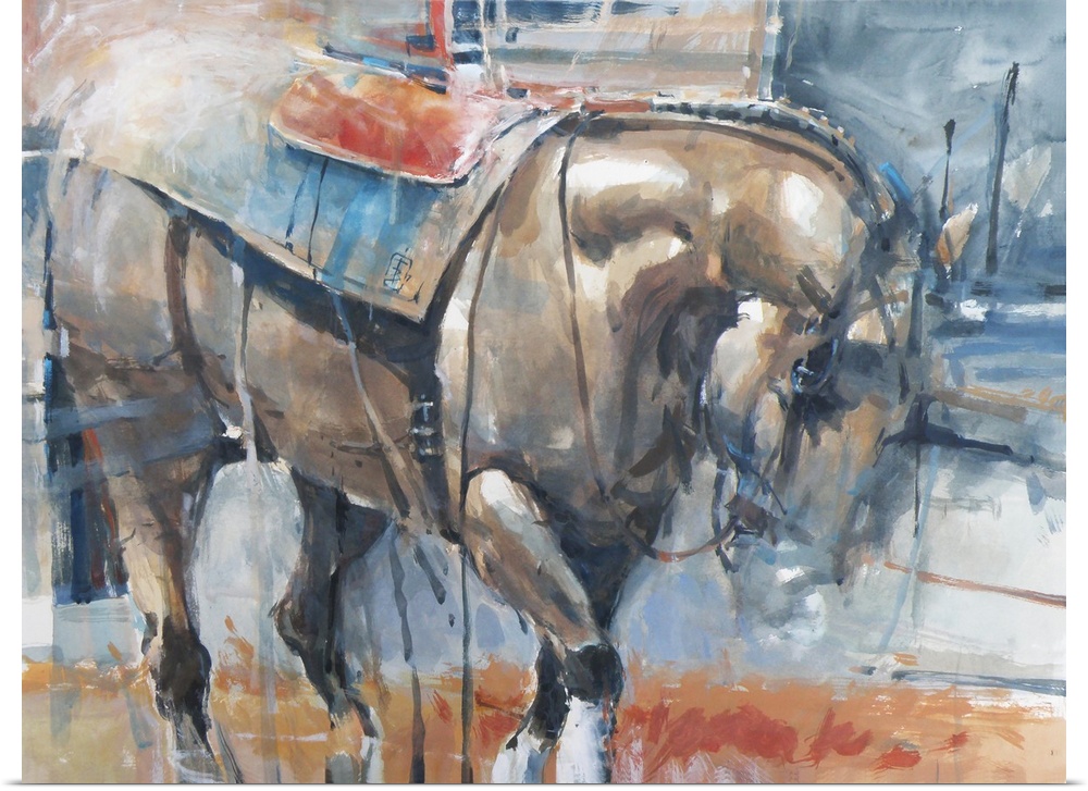 Complementary colors in delicate brush strokes allow the viewer to finish the visual story of this Belgian pulling horse.