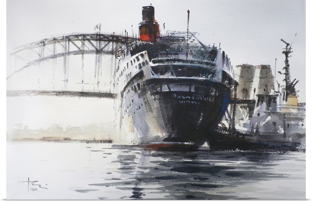 This contemporary artwork features dry watercolor brush strokes and heavy shadows to create Queen Elizabeth 2 liner travel...