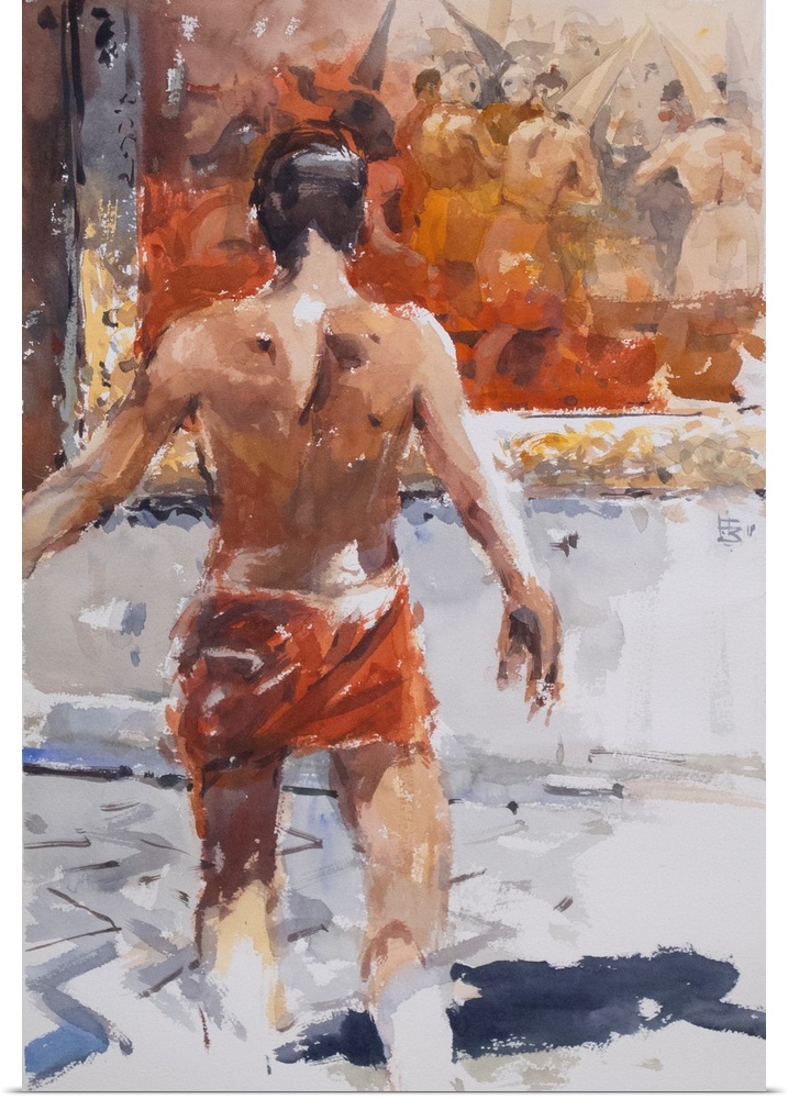 A young man wearing a red wrap around his hips looks like he is about to step into the painting "A Procession of Flagellan...