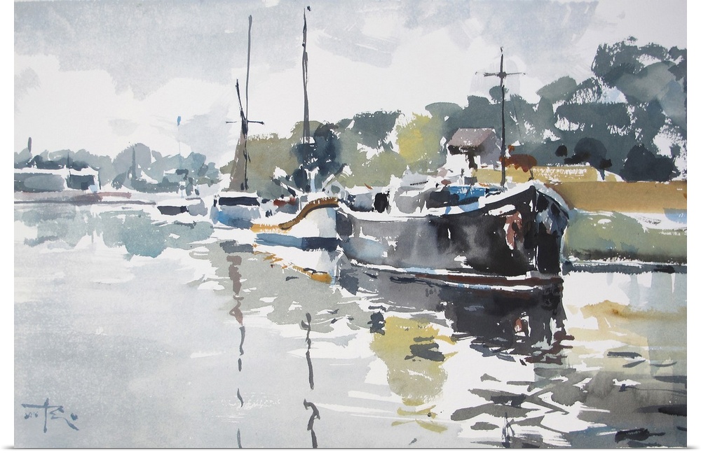 Gestural brush strokes of muted watercolors illustrate river barges lined up with a lush green background.