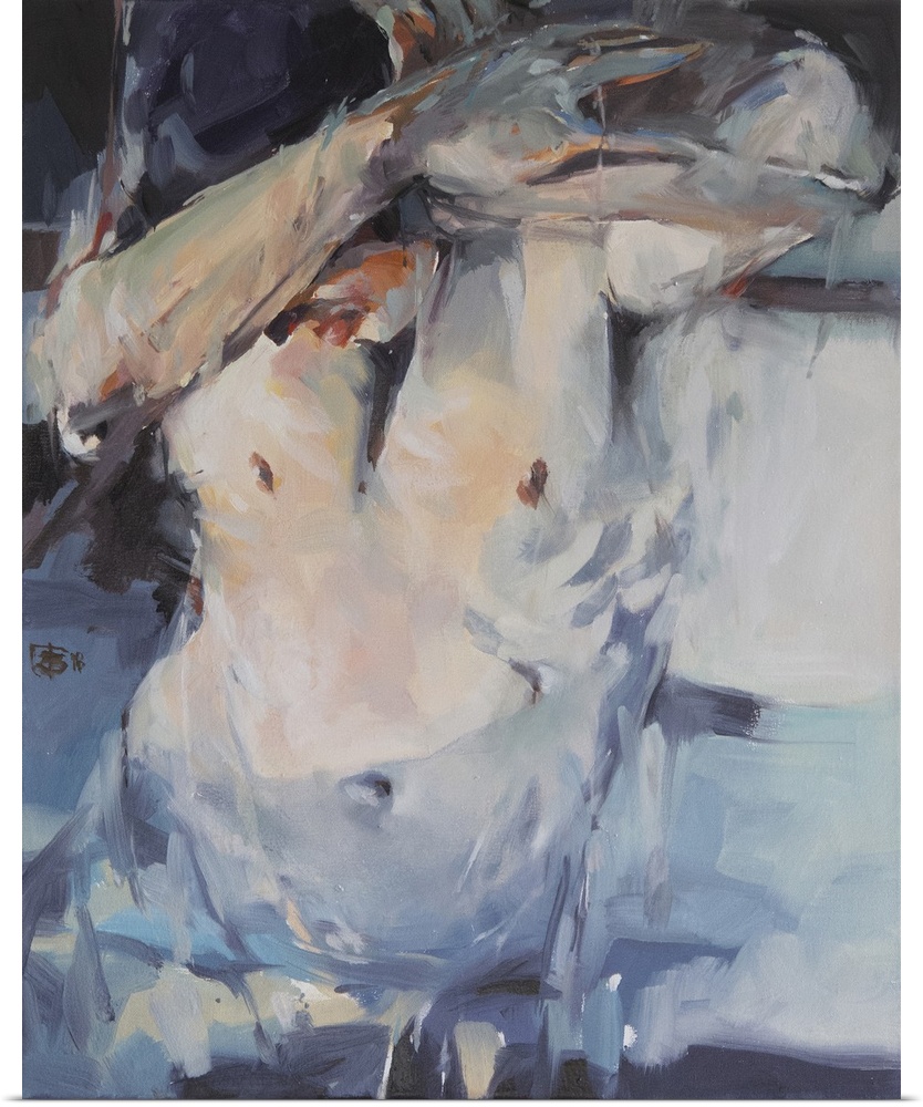 A contemporary portrait of an expressive figure uses impressionistic brush strokes in cool blues and pops of orange.