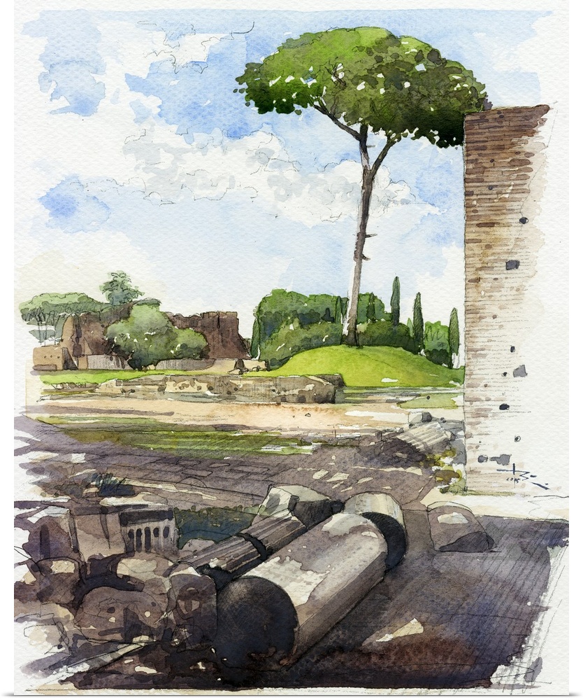 This bright scene uses vibrant greens to accentuate the ancient landscape of Rome.