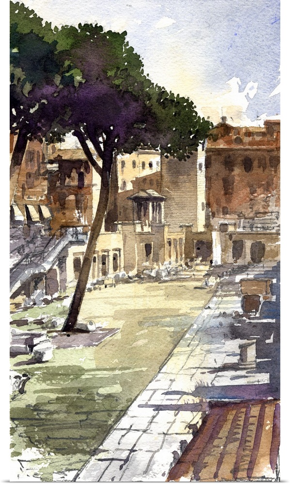 This bright scene uses subtle purples to accentuate the ancient landscape of Forum Romanum.
