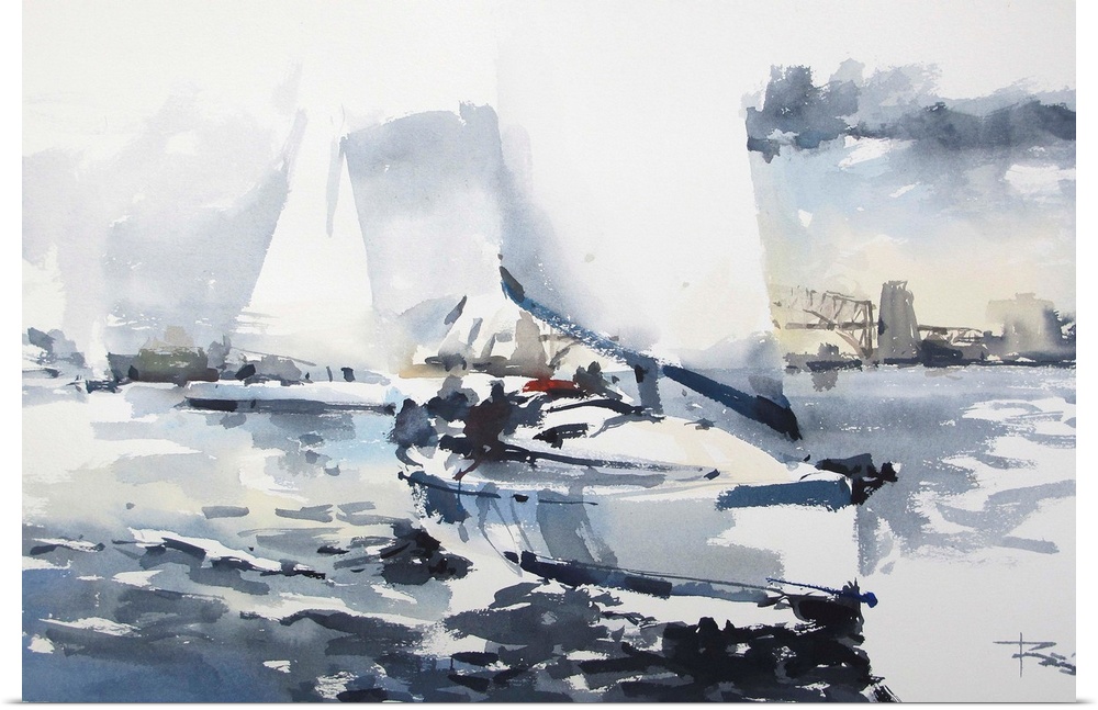 This contemporary artwork uses short watercolor brush strokes in monochromatic blues to illustrate a sailboat traveling in...