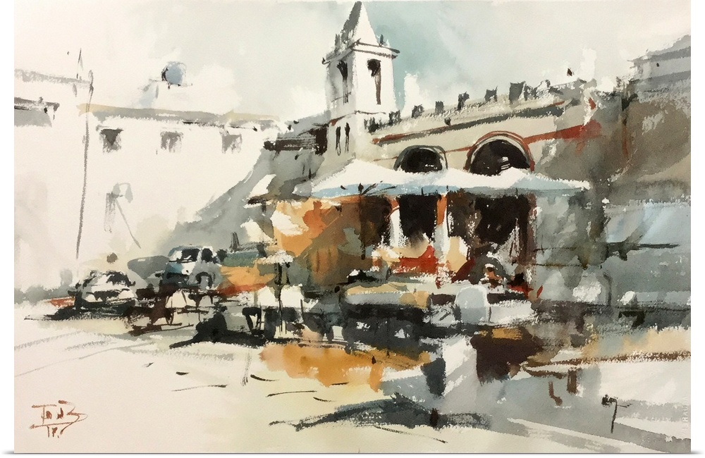 This contemporary artwork is a quick watercolor sketch of one of many Roman squares in Italy.