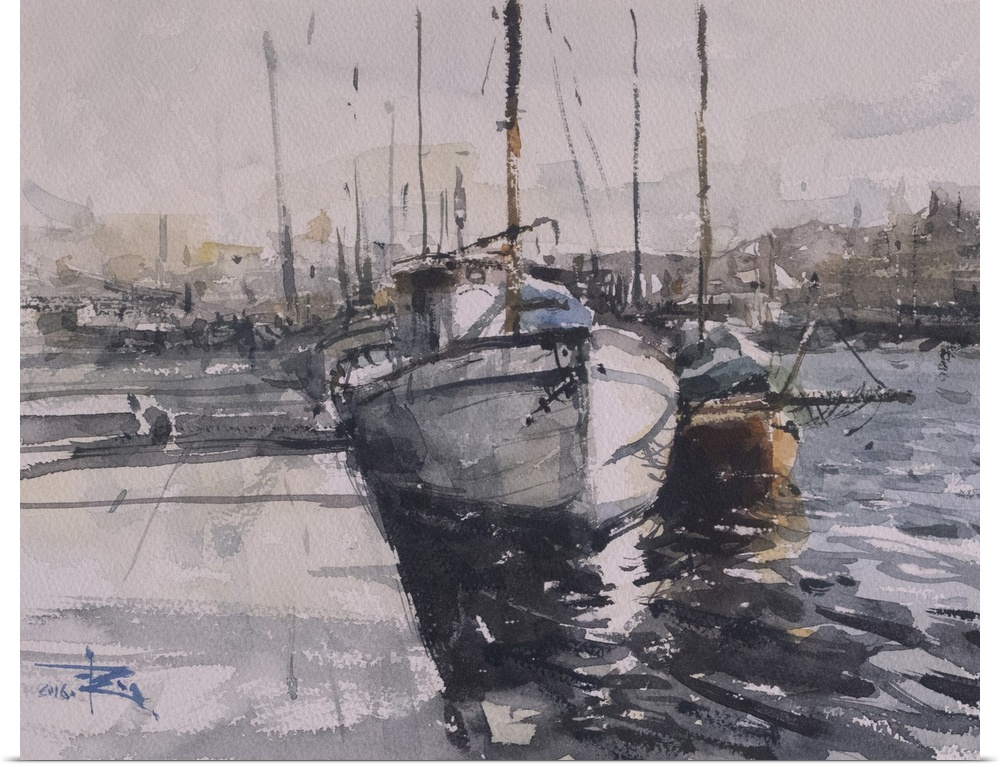 This contemporary artwork features dry watercolor brush strokes and heavy shadows to create boats in the Stockholm harbor.