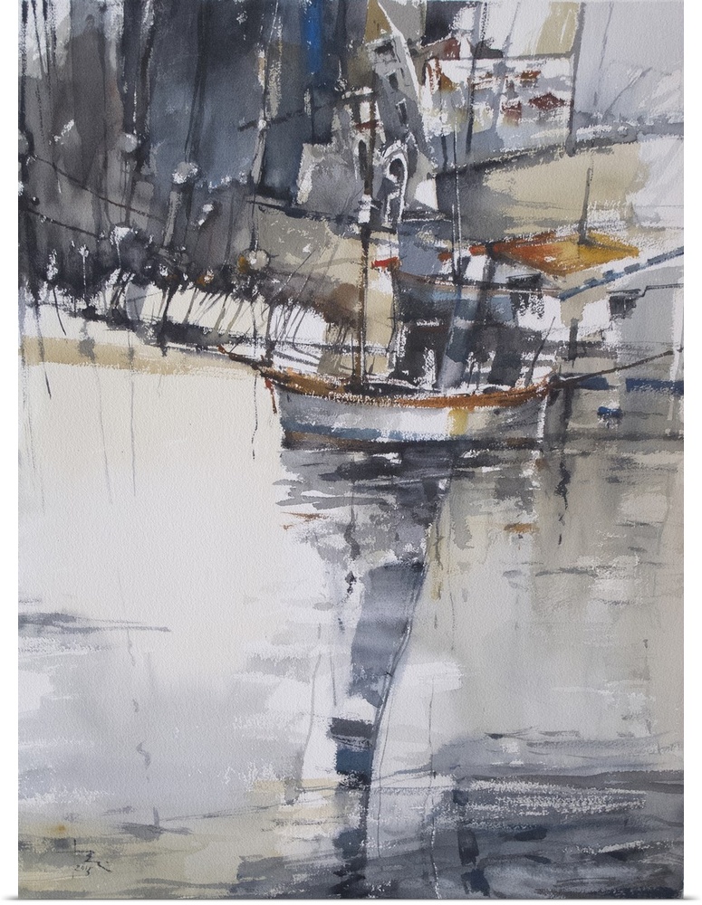 This contemporary artwork uses moody grays and rustling watercolor brush strokes to create a marina waterscape along the C...