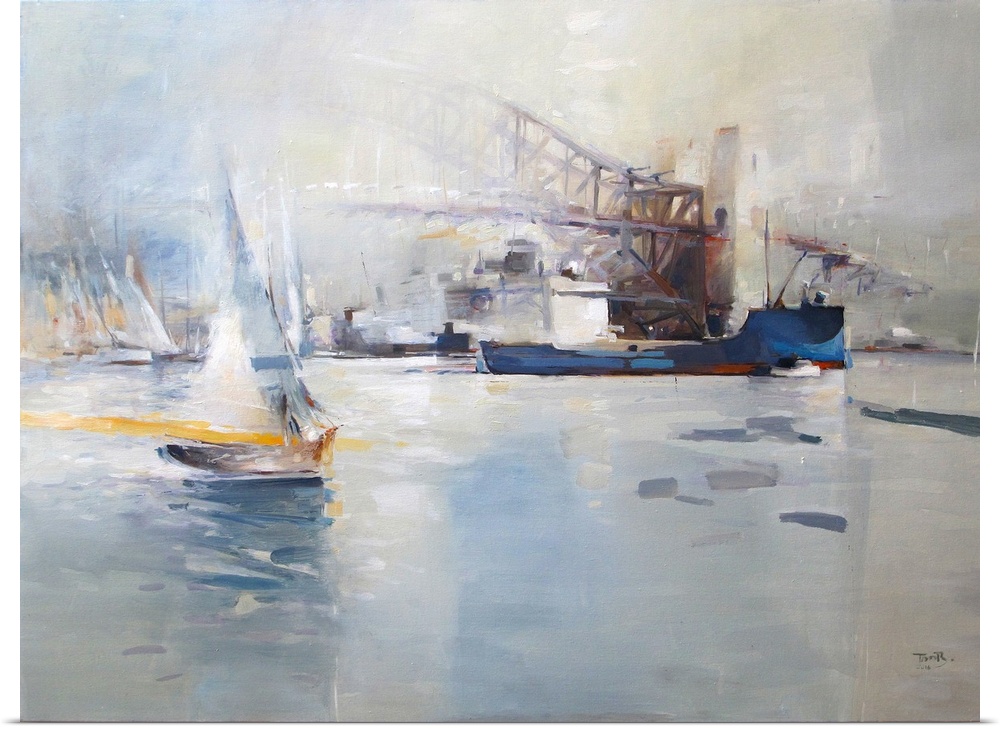 Impressionistic brush strokes of warm yellows and pops of blues create a misty landscape of the Sydney Harbor Bridge.