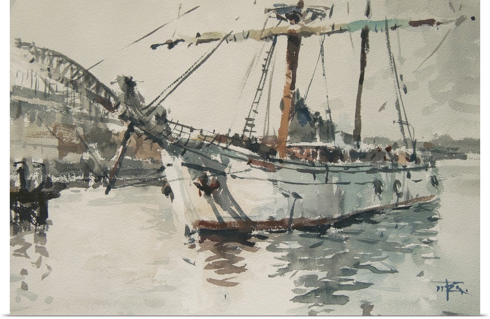 Gestural brush strokes of muted watercolors create a hazy moody landscape of a tall ship in Sydney, Australia.