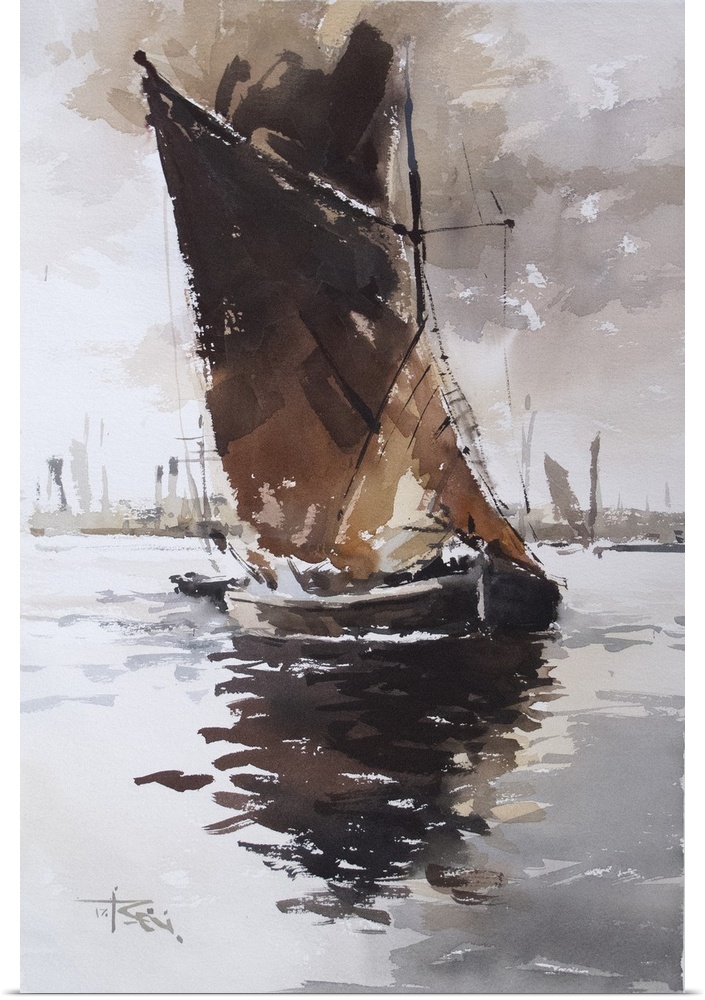 This contemporary artwork features dry watercolor brush strokes and heavy shadows to create a river barge on Thames, near ...