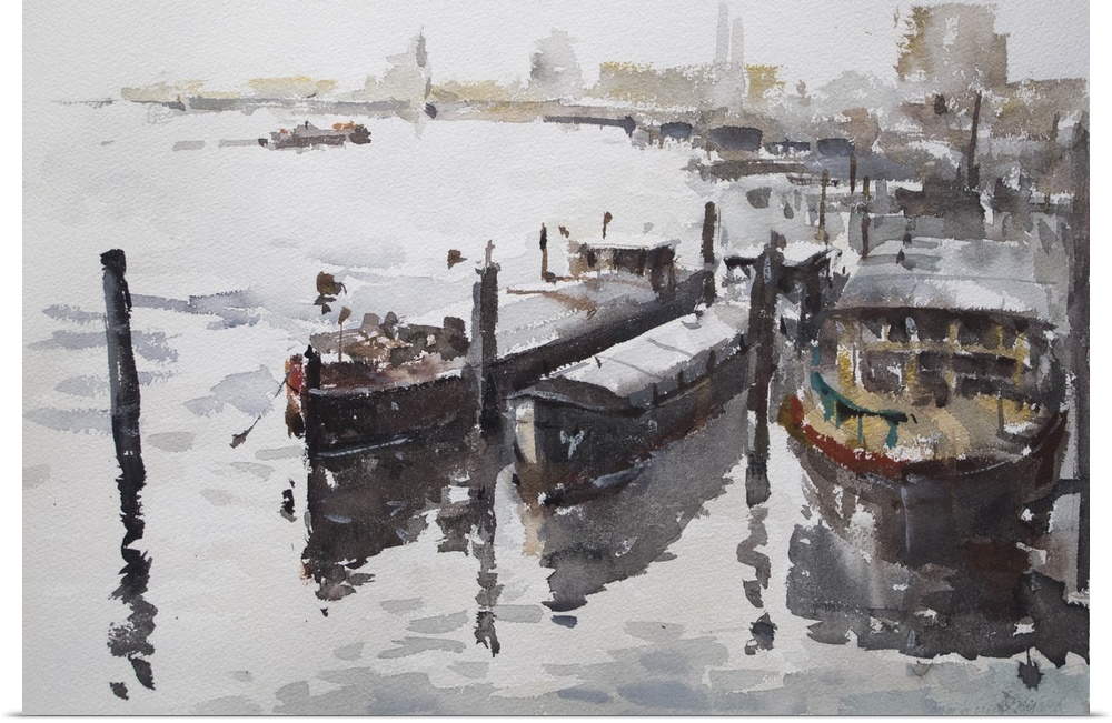 This contemporary artwork features dry watercolor brush stokes to illustrate boats docked on river Thames in London.