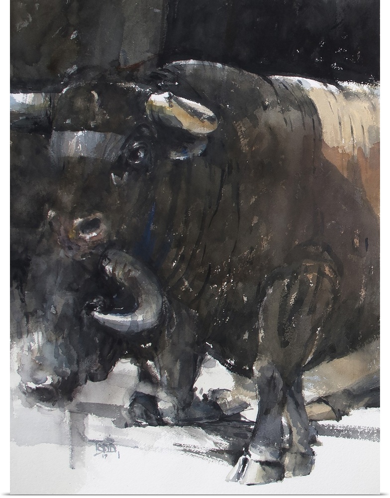 This contemporary artwork is the first half of a watercolor bull diptych that displays the strength of animals.