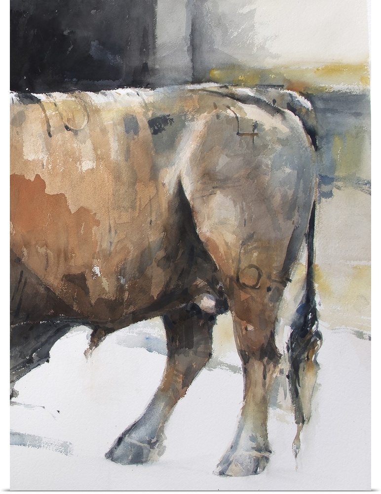 This contemporary artwork is the second half of a watercolor bull diptych that displays the strength of animals.