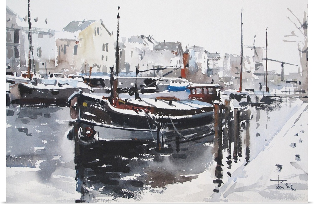 This contemporary artwork highlights snow covered surfaces in this packed marina.