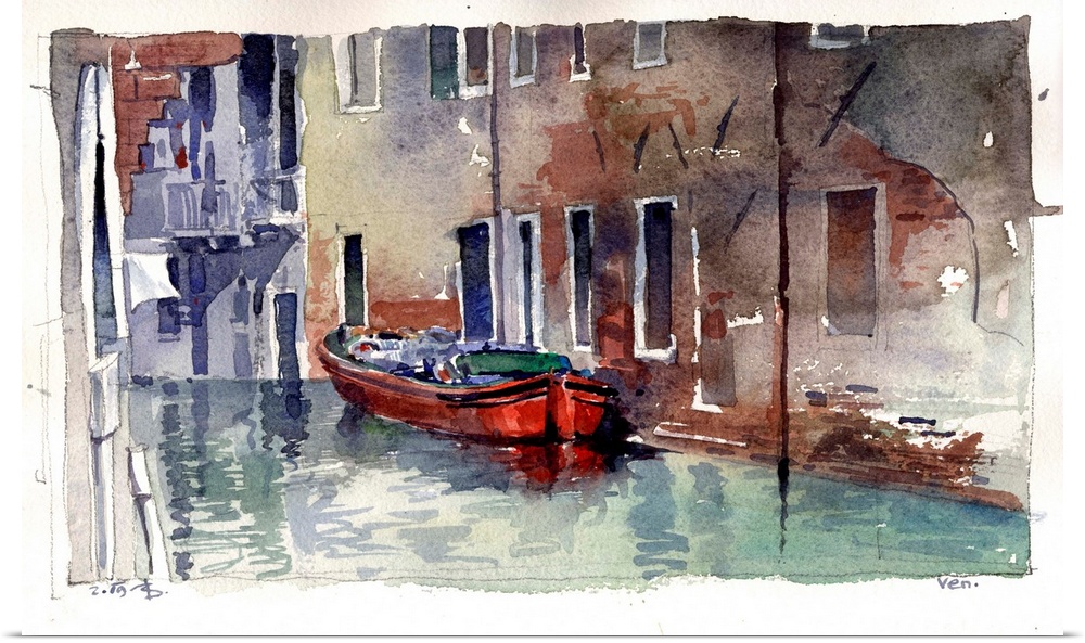 A hidden red barge in an offshoot waterway illustrates the warmth of everyday life in Venice, Italy.