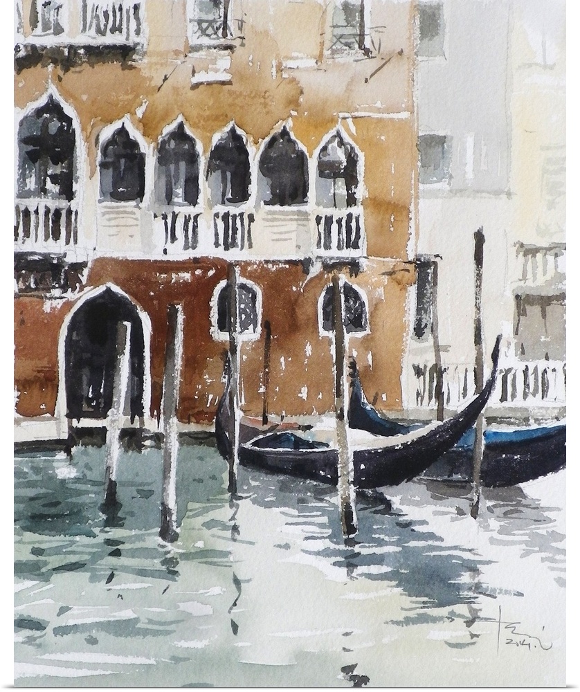This contemporary artwork uses brown tones and rustling watercolor brush strokes to create a Venice canal with gondolas an...