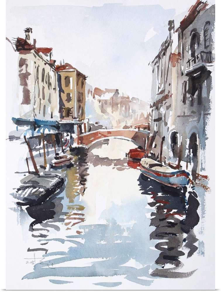 Gestural brush strokes of saturated watercolors illustrate one of the water-traffic corridors in Venice.