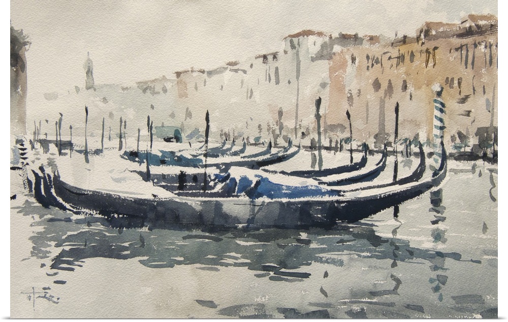 Gestural brush strokes of dark watercolors illustrate a row of gondolas under snow in the Grand Canal of Venice.