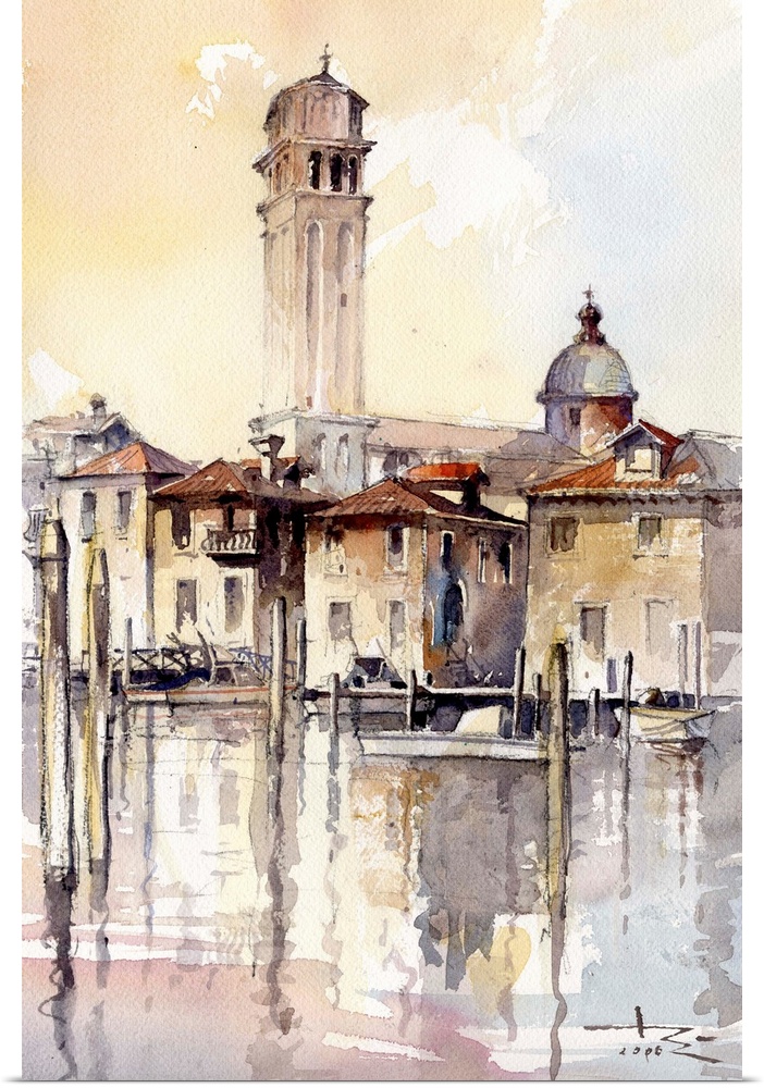 This contemporary artwork features warm shades with pops of blue to create a Venice landscape in the winter as the sun sets.