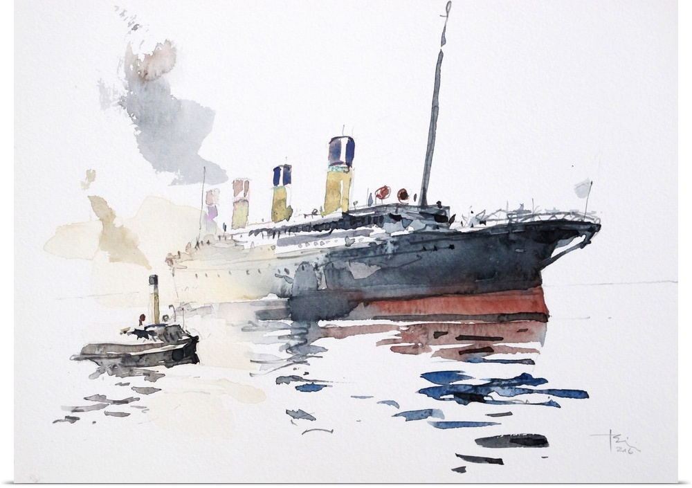 Gestural brush strokes of saturated watercolors illustrate the famous ocean liner, Titanic, before her maiden voyage.