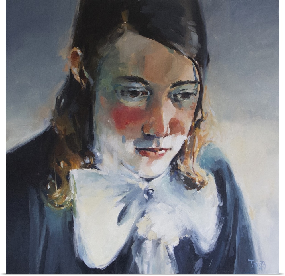 Complementary colors and broad brush strokes add to the suspense of this contemporary portrait.