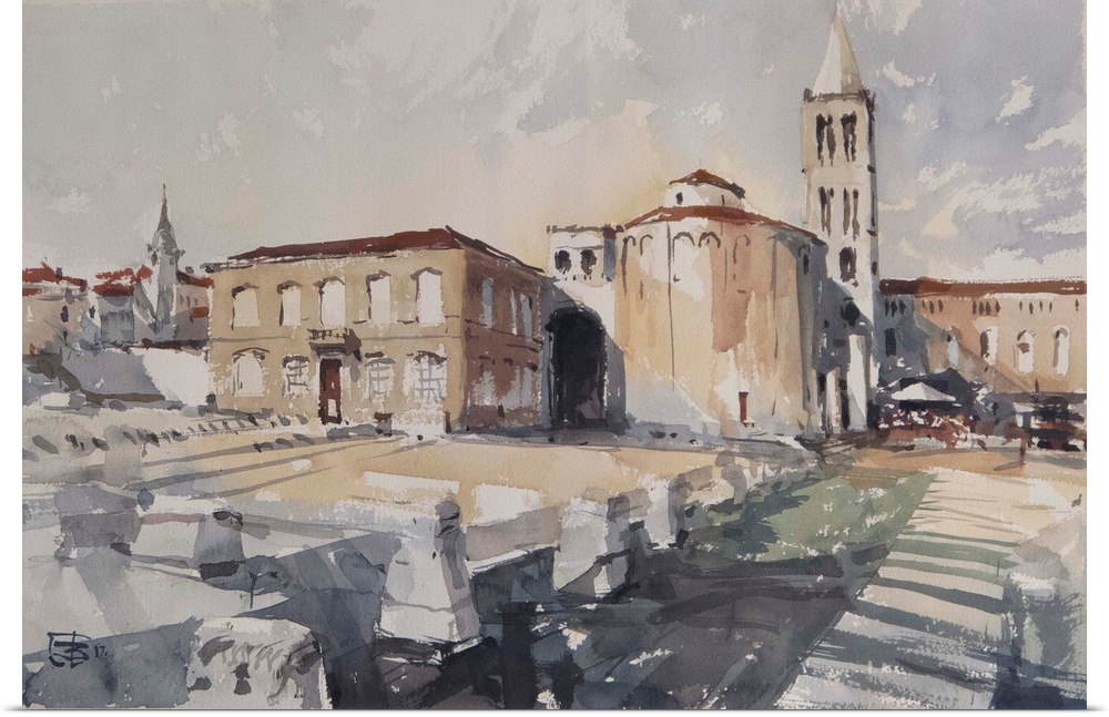 A watercolor artwork showing an old Croatian town of Zadar with Roman ruins in the foreground.