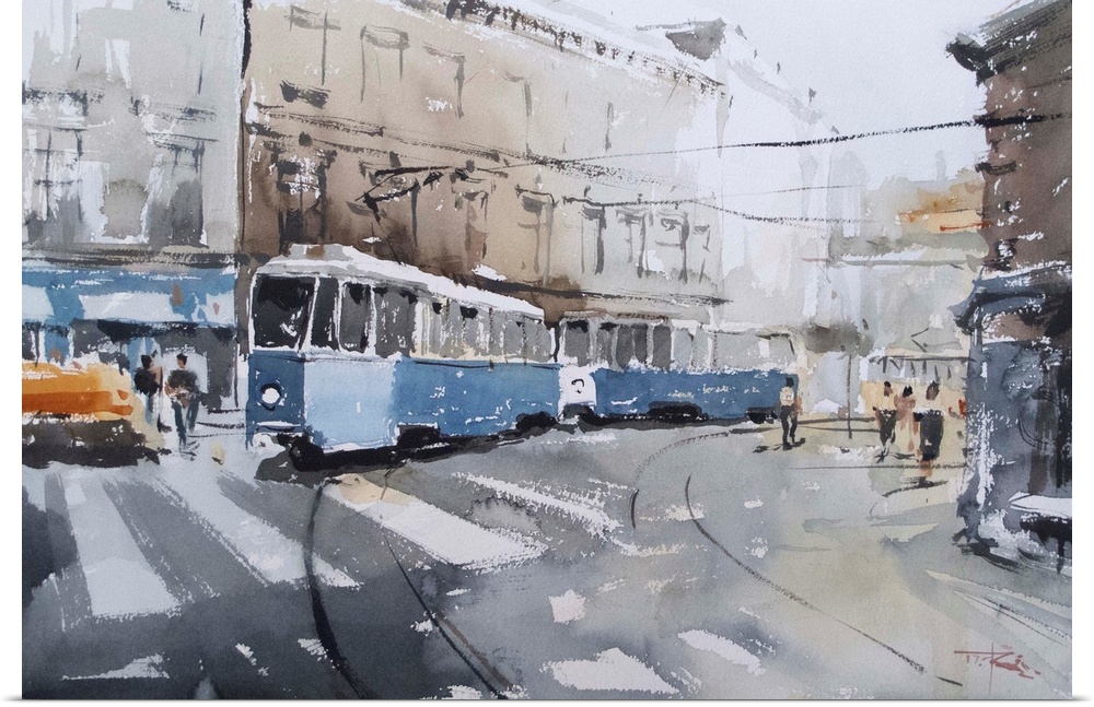 Gestural watercolor brush strokes and pops of blue reflect the energy of an old style tram in Zagreb.