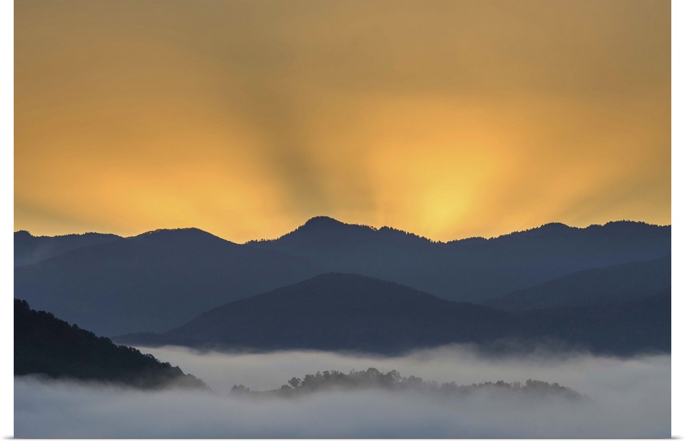 Sunbeams at dawn rising from the horizon in the Blue Ridge mountains.