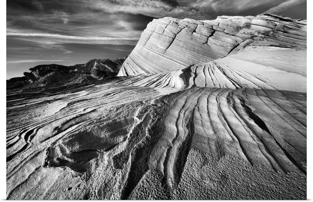 Striated rock formations in the desert near Page, Arizona, in black and white.