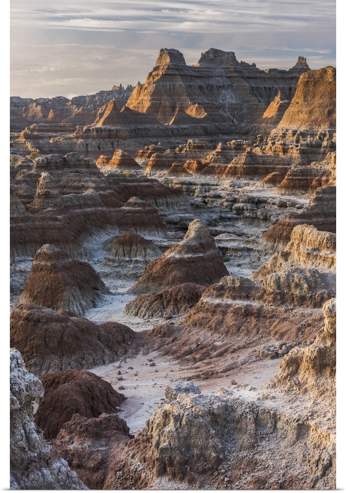 Rocky eroded landscape with pointed rock formations in the Badlands, South Dakota.