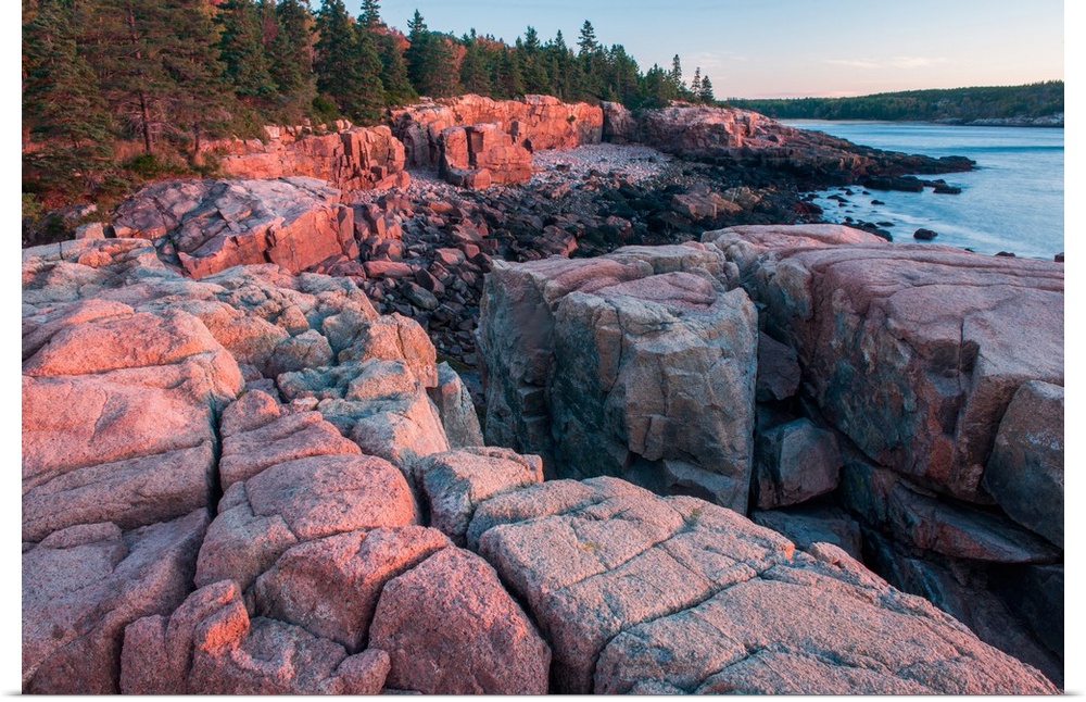 Warm sunlight on the rocky coast in Acadia National Park, Maine.