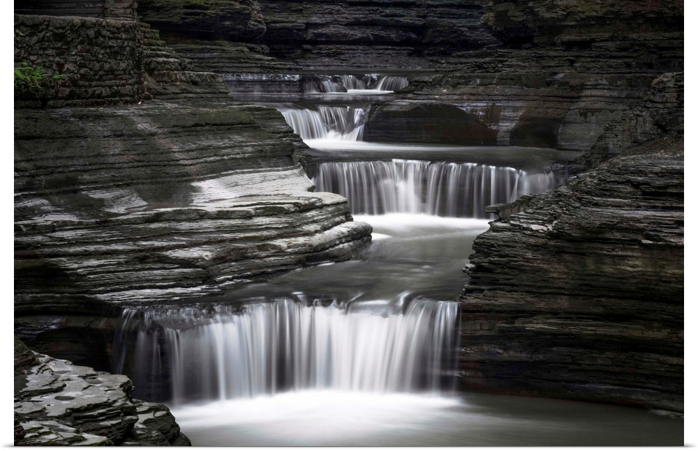 Black and white image of a rushing waterfall in upstate New York.