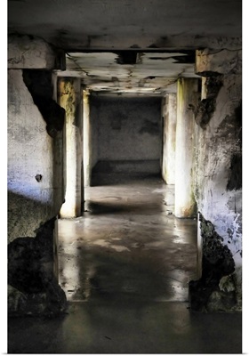 A dark wet underground hallway in decay