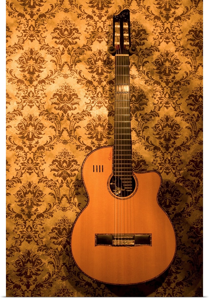 A handmade acoustic guitar hangs on the wallpaper covered walls of a North Carolina guitar makers' home