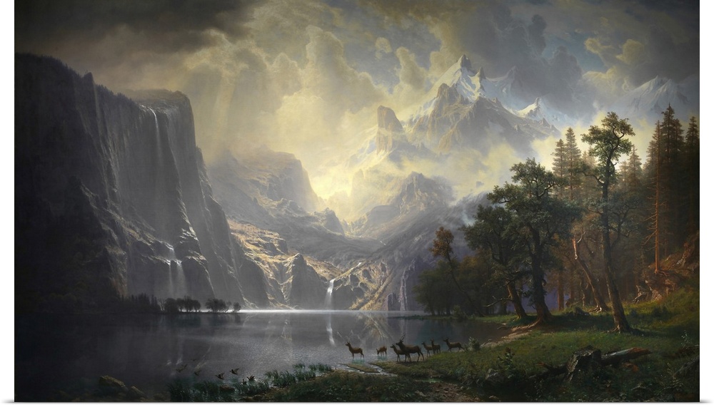 Romantic rural scene with mountains and dramatic sky.