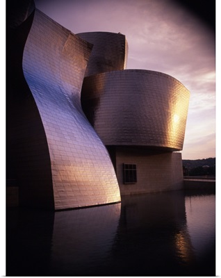 An exterior shot of the architecture of the Guggenheim Museum in Bilbao, Spain