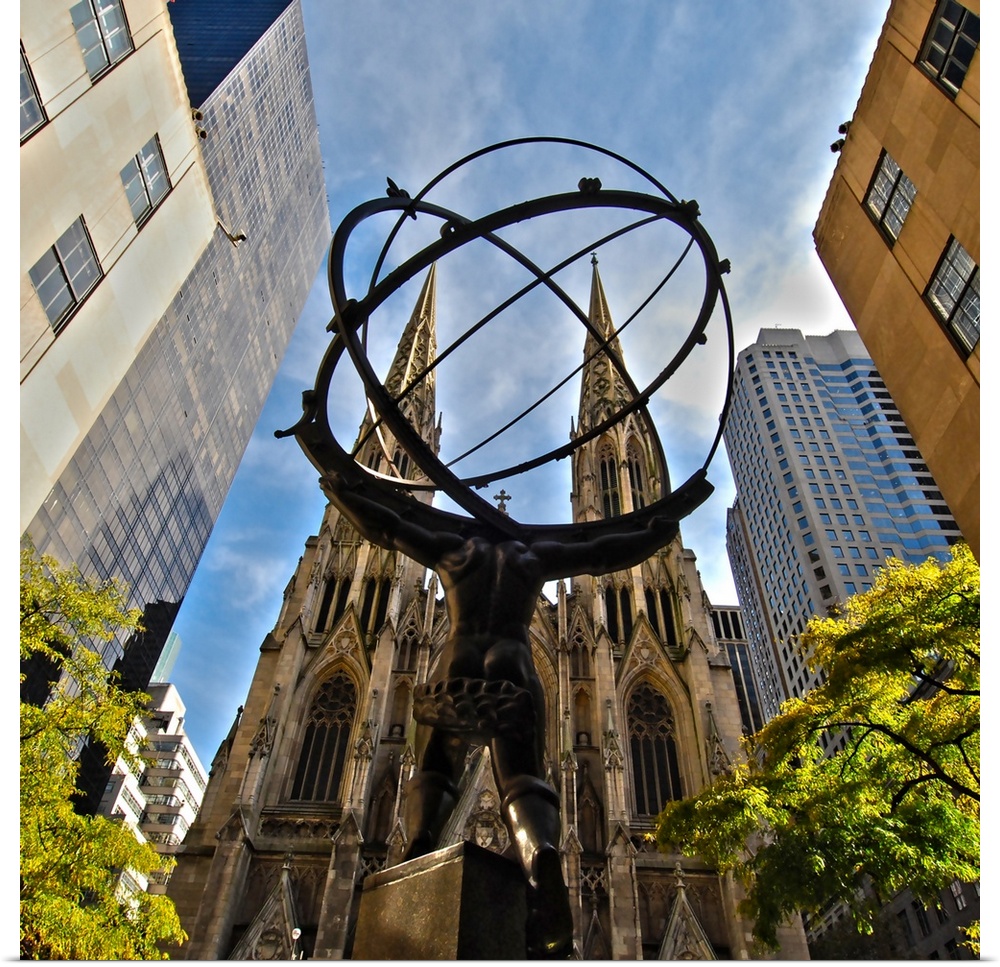 Image of the Atlas Statue with St. Patrick's Cathedral in the background, Manhattan, New York City.