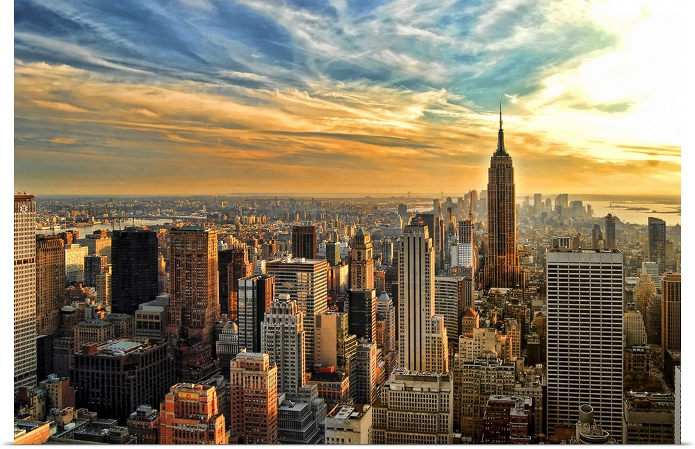 HDR image overlooking southern half of Manhattan, New York City, with Empire State Building.