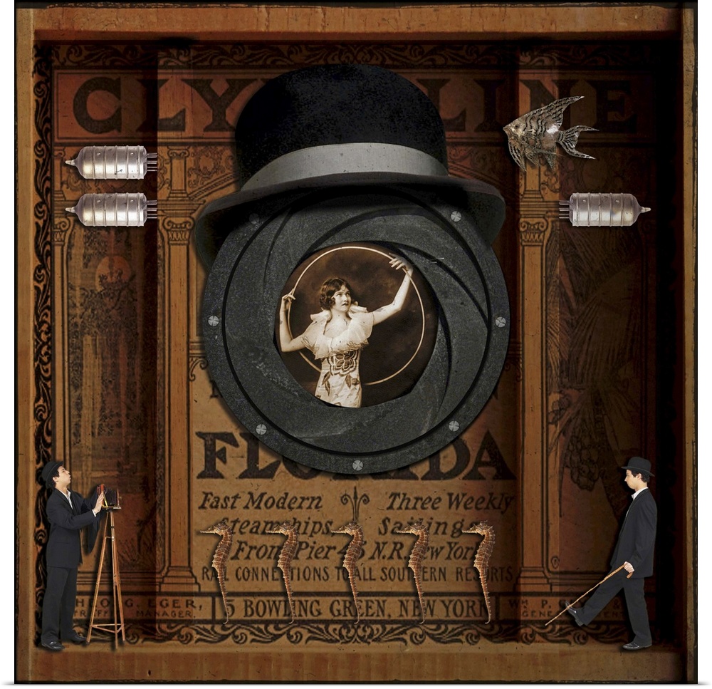 A surreal assemblage,  la Joseph Cornell, of a woman posing with a hoop, framed by an early camera iris.