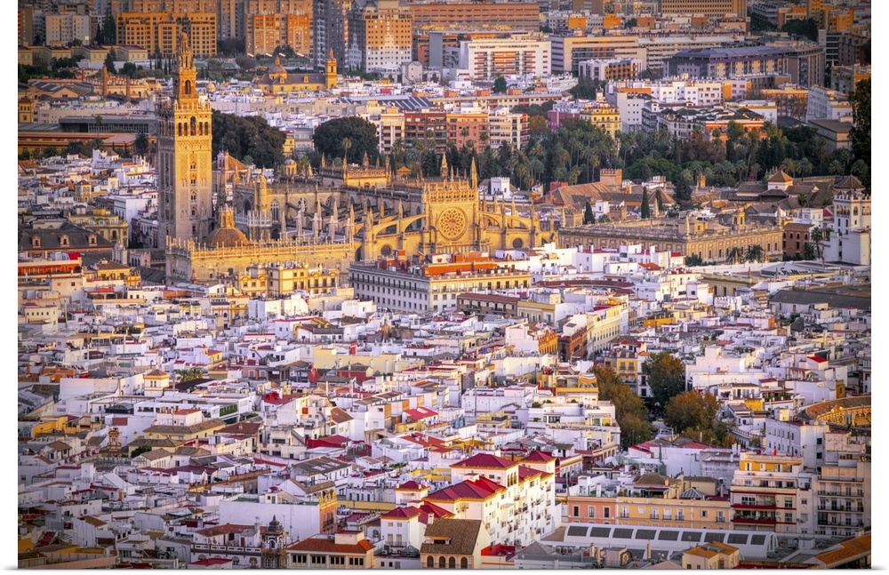 Aerial view of Seville downtown with the Giralda tower, the Cathedral, and the Archivo de Indias building, among other lan...