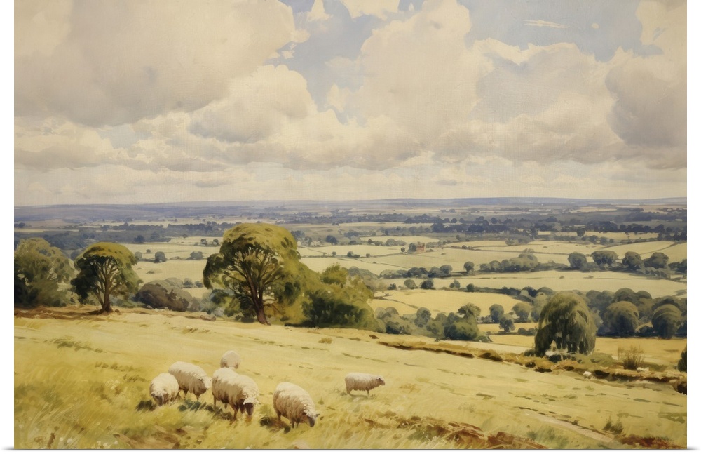 Sheep on the South Downs in West Sussex, England. Oak trees and distant views across the English countryside.