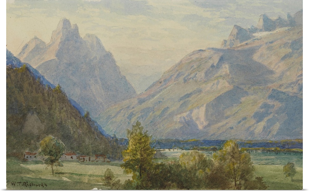 Watercolour painting of a mountainous landscape.