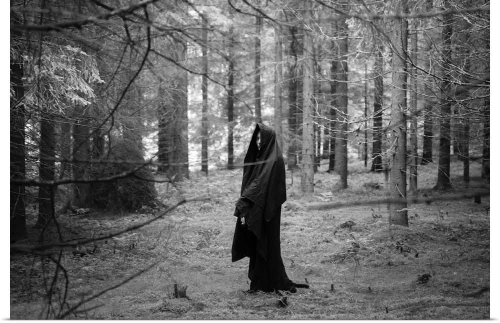 Young adult female wearing veil standing alone in dark forest in winter
