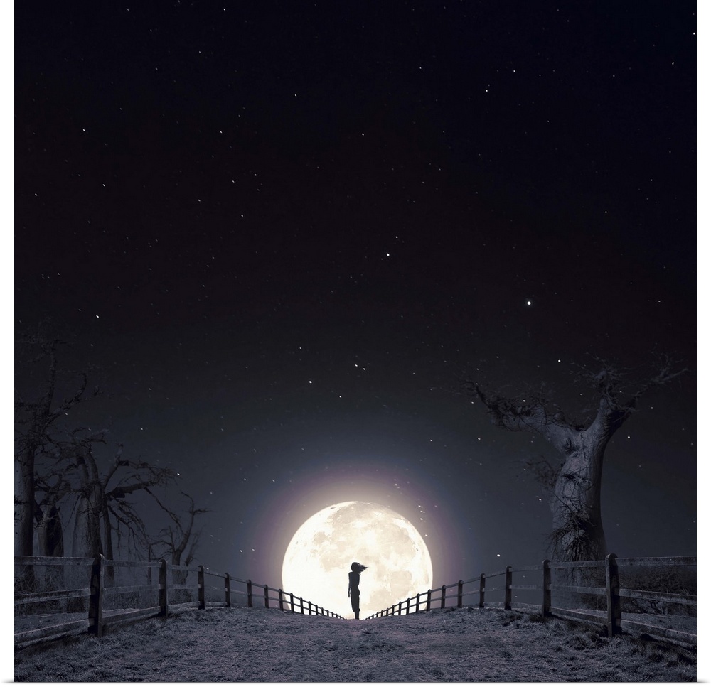 Conceptual image of girl at night silhouetted by the moon at the end of post and rail fencing
