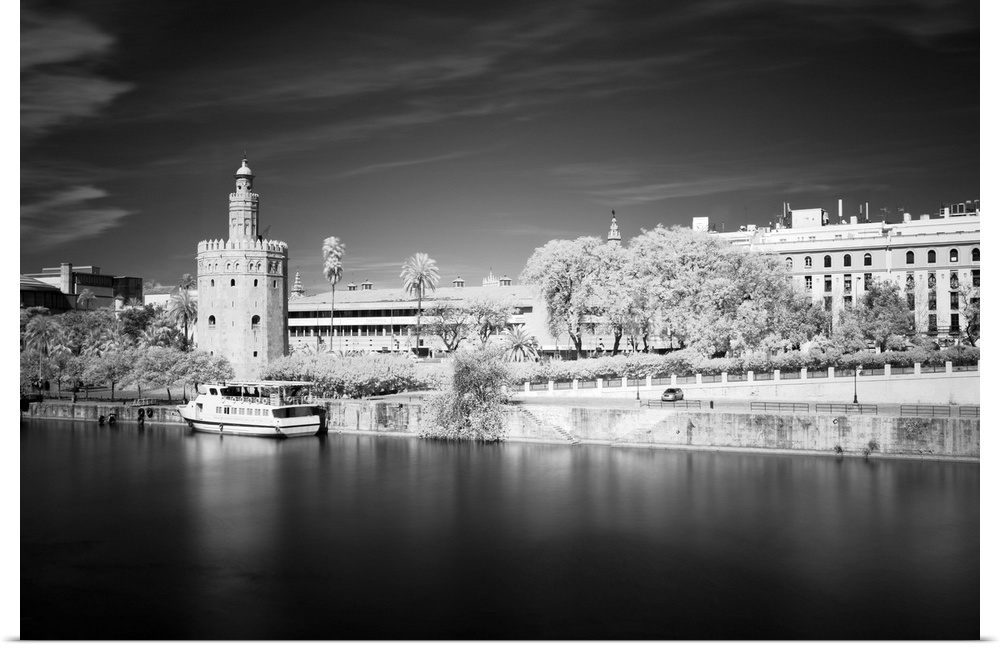 Infrared image of yhe Golden Tower (12th century Moorish building) by the Guadalquivir river, Seville, Spain.