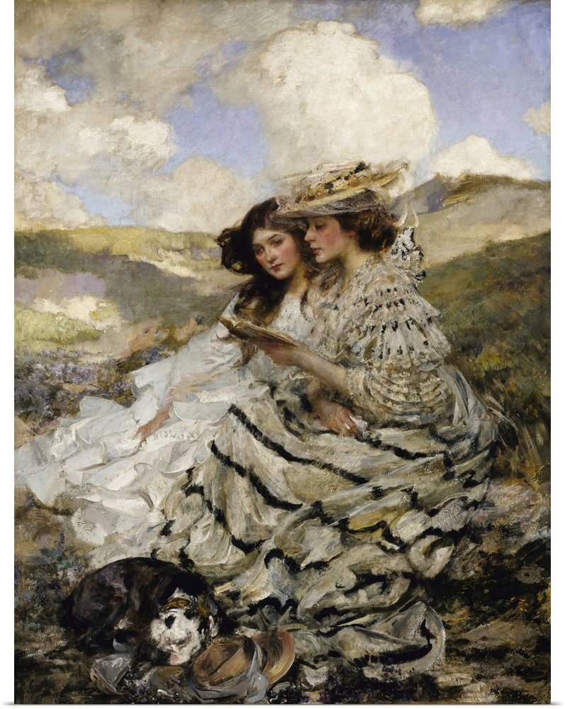 Painting of female figures (Lady Nora Ward Shannon and Kitty Shannon) on the sand dunes with a bulldog in summer.