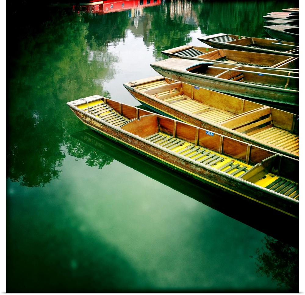 Punts moored by river bank, Cambridge, Cambridgeshire, England